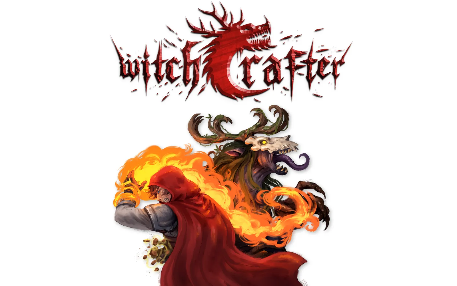 Key art for Witchcrafter: Empire Legends showing Estel and a monstrous antlered beast.